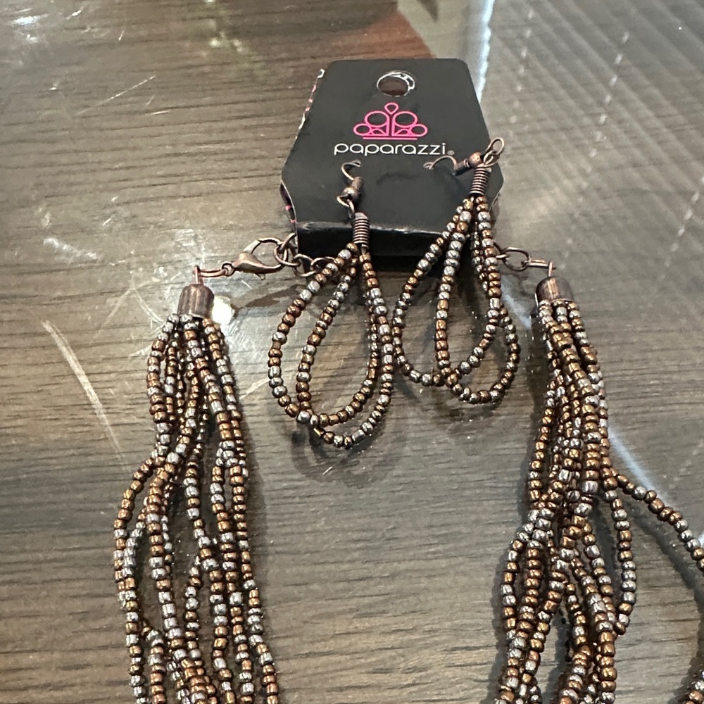 3pcs Paparazzi Twisted Brown Beaded Necklace Set